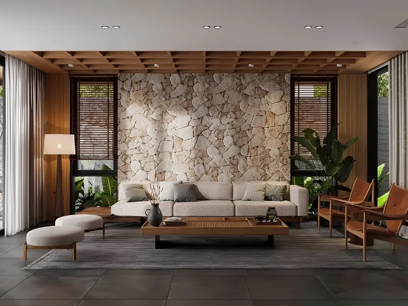 Phòng khách phong cách Tropical Modern với mảng tường đá tự nhiên