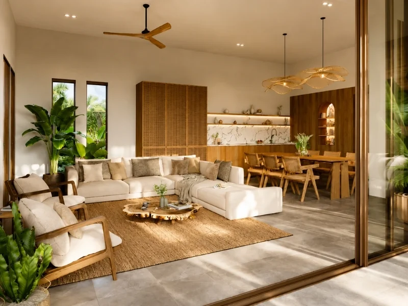 Phòng khách phong cách Tropical Modern ưu tiên nội thất gỗ tối giản