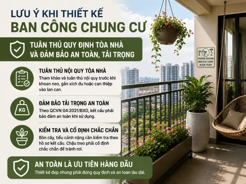 Thiết kế ban công chung cư cần tuân thủ quy định tòa nhà và đảm bảo an toàn, tải trọng