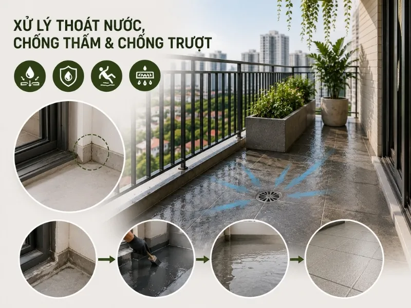Gia chủ cần xử lý thoát nước, chống thấm và chống trượt cho ban công chung cư