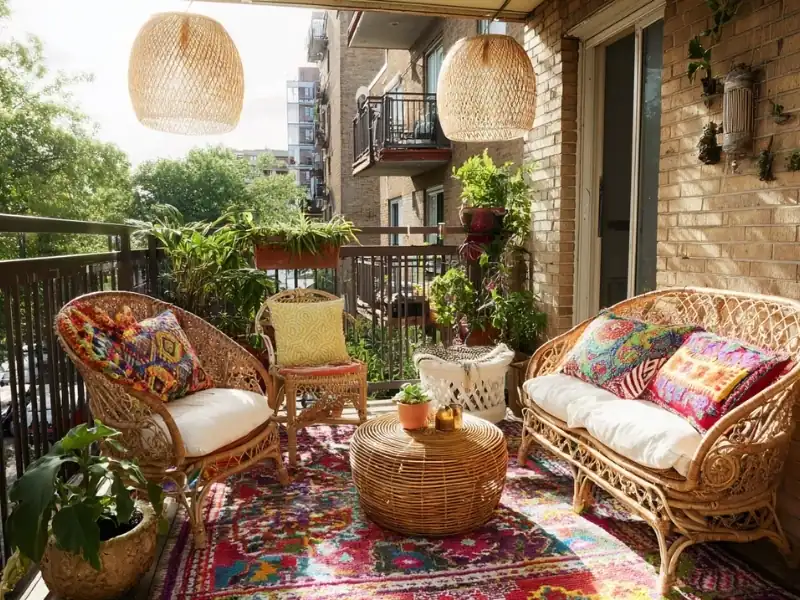 Ý tưởng trang trí ban công chung cư phong cách Bohemian với nội thất mây, thảm nhiều màu và cây xanh