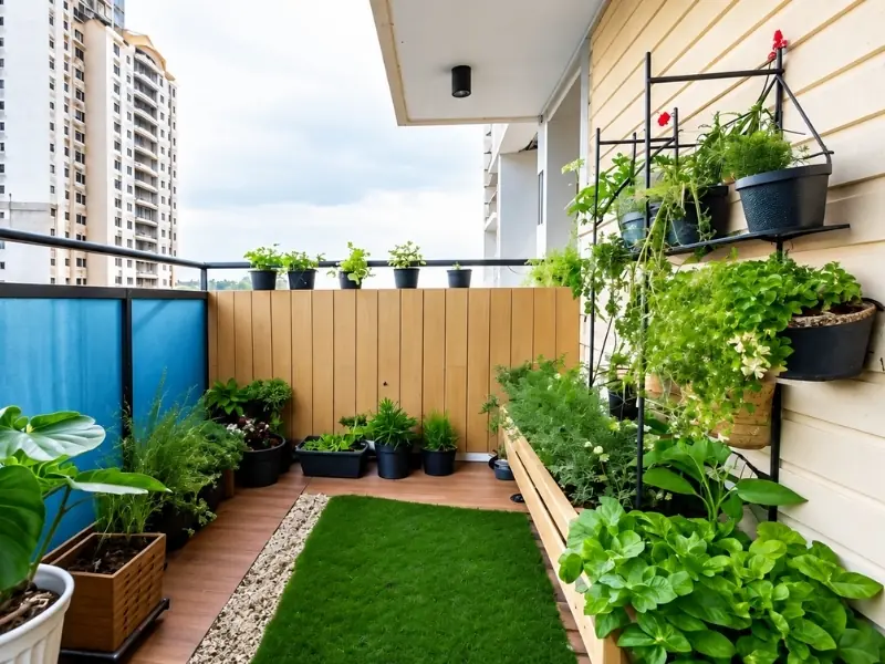 Ý tưởng trang trí ban công chung cư với vườn rau nhỏ bằng khay trồng xếp tầng