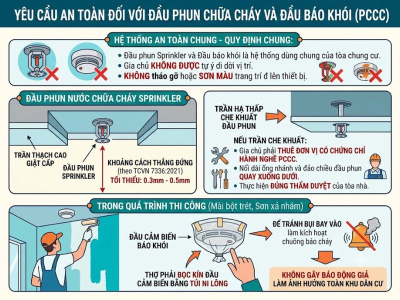 Quy định an toàn cho đầu phun chữa cháy và cảm biến báo khói tại chung cư