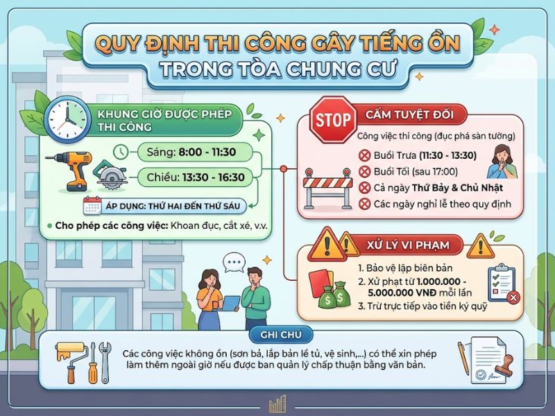 Bảng tổng hợp quy định khung giờ được phép thi công gây tiếng ồn trong tòa chung cư