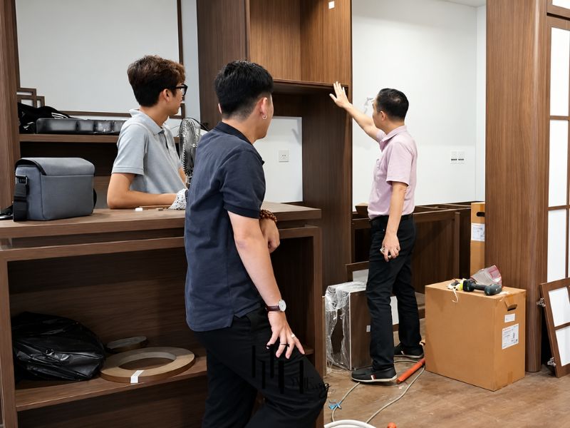 Kỹ sư và đội ngũ kỹ thuật kiểm tra các vị trí điện nước trước khi bị che kín