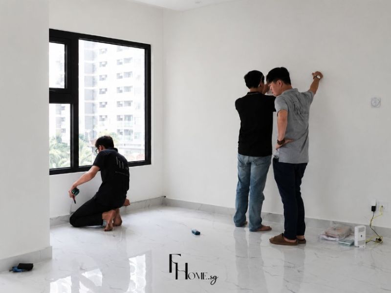 Kỹ thuật viên FHome Sài Gòn đo đạc kích thước thực tế tường và trần tại căn hộ chung cư