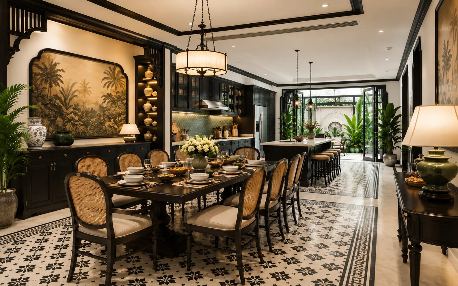 Phòng khách Indochine với gỗ đen, mây đan và gạch bông họa tiết