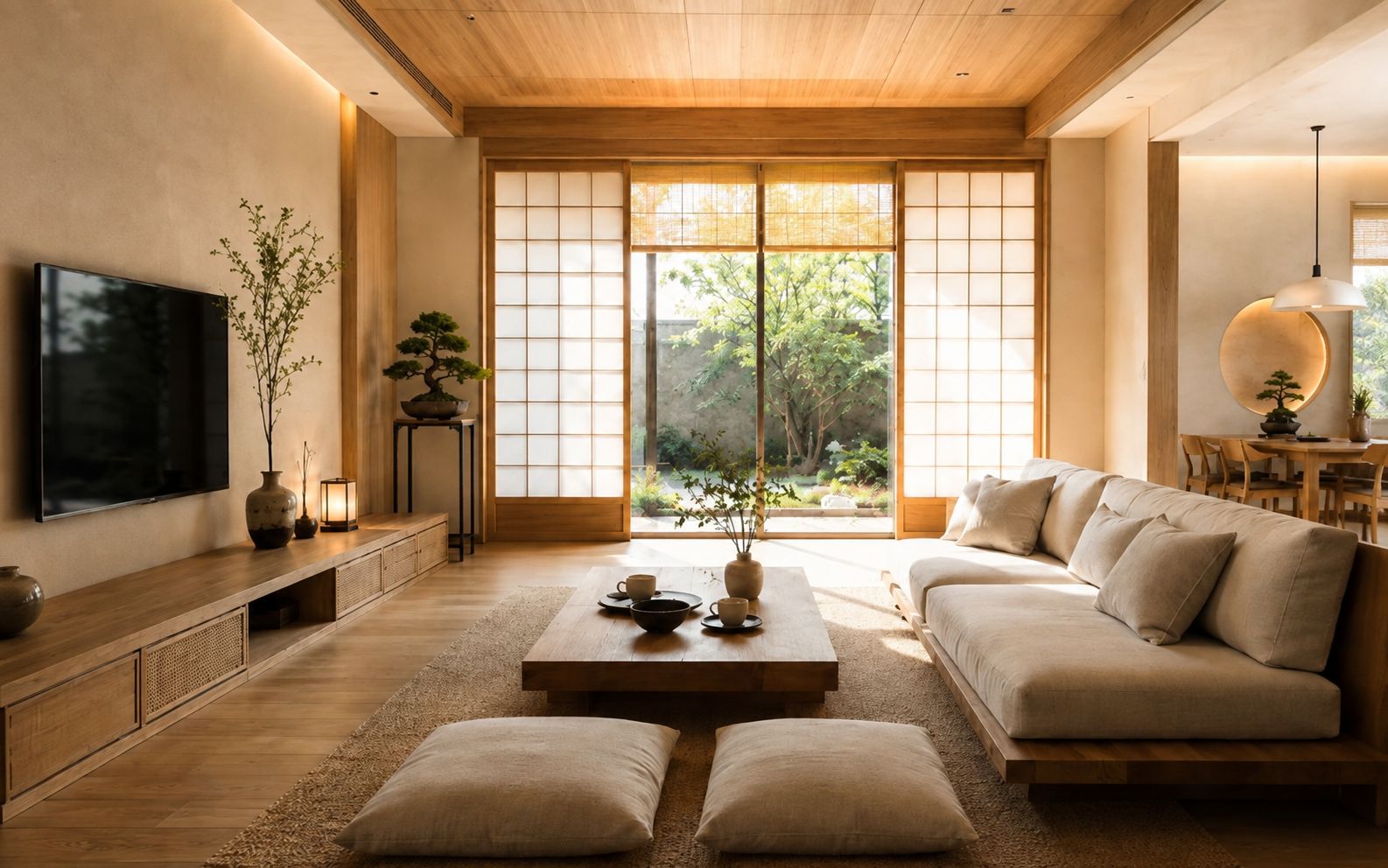 Phòng khách Nhật Bản dùng sofa thấp, cửa Shoji và gỗ màu sáng