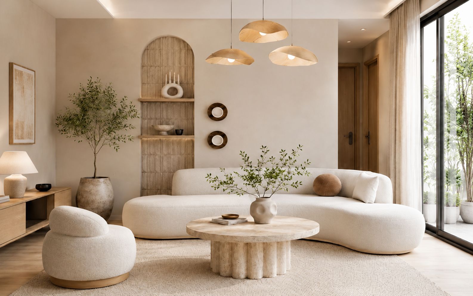 Phòng khách Wabi Sabi tông be với sofa cong và bàn trà đá tự nhiên