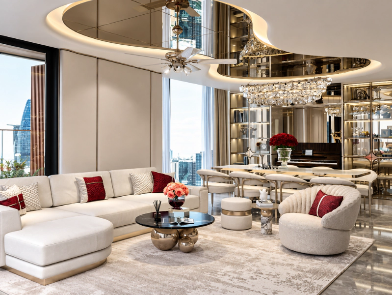 Phòng khách chung cư Luxury với sofa trắng và đèn chùm