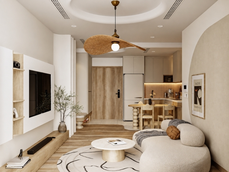 Chung cư 2 phòng ngủ phong cách Wabi Sabi với phòng khách, sofa cong.