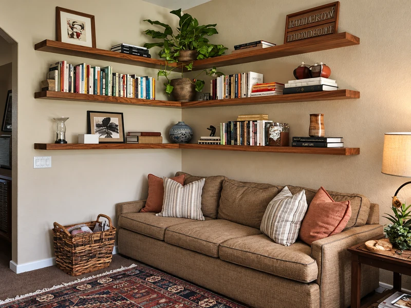 Kệ gỗ chữ L treo tường góc trên sofa nâu với sách cây xanh và đồ trang trí