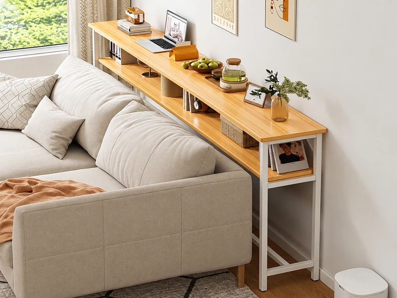 Kệ gỗ dài sau lưng sofa be có laptop sách trái cây và ảnh trang trí