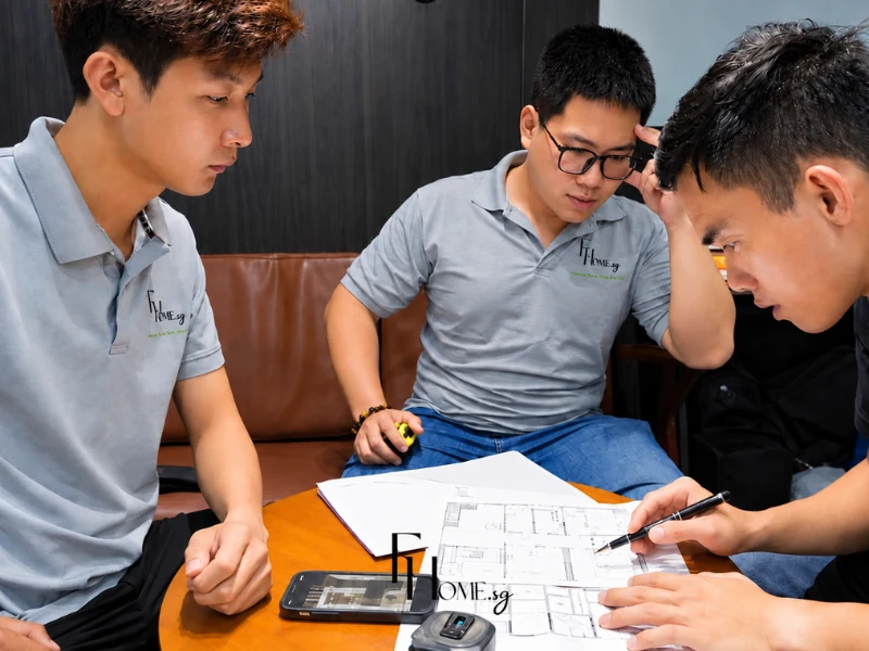 Đội ngũ kiến trúc sư Fhome Sài Gòn uy tín đang thảo luận bản vẽ thiết kế hiện đại.