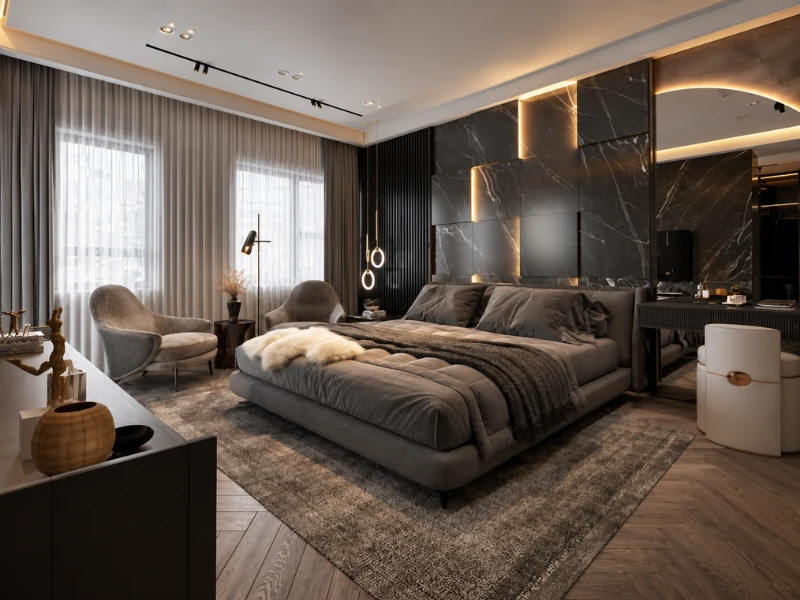 Mẫu phòng ngủ hiện đại với đường nét tinh gọn, kết hợp mảng khối và vật liệu thông minh.