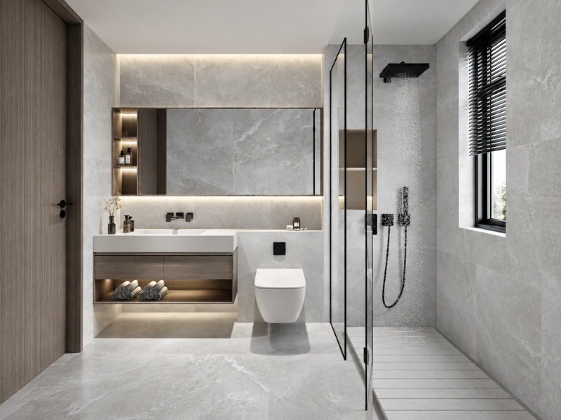 Mẫu phòng tắm hiện đại sang trọng tối ưu không gian với tủ lavabo treo tường và vách kính.
