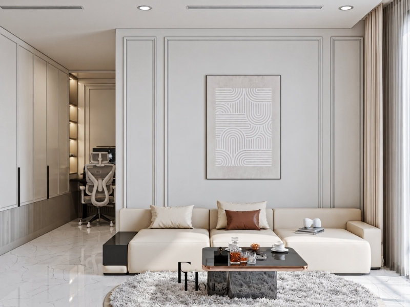 Phòng khách căn hộ 45m2 với sofa khối, tủ kịch trần, phào chỉ tường và góc làm việc