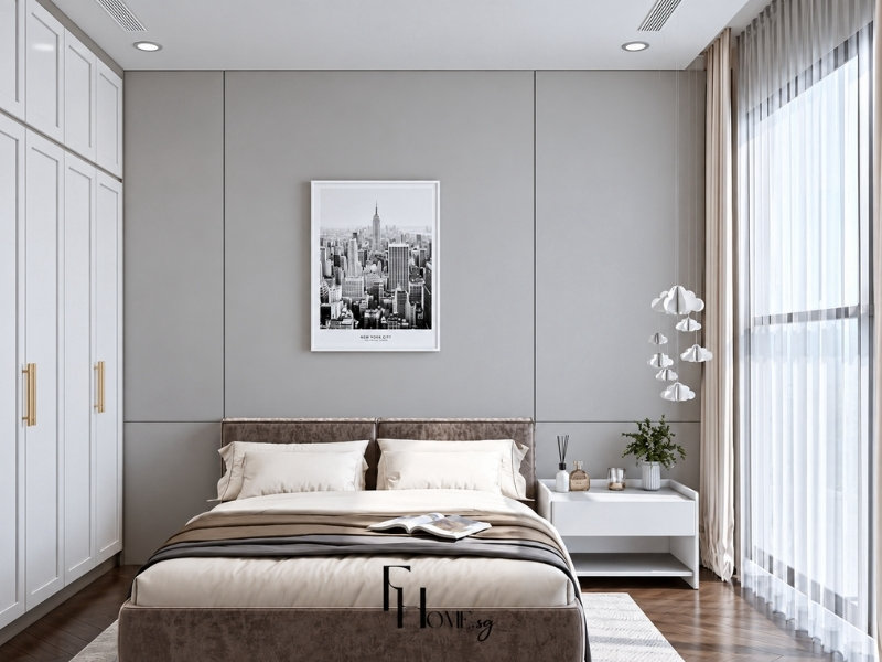Phòng ngủ căn hộ 45m2 với tủ kịch trần, giường đôi, tủ đầu giường và cửa sổ lớn