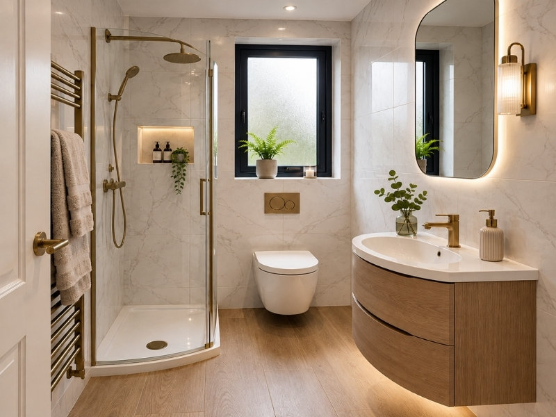 Nhà vệ sinh căn hộ với vách tắm kính, bồn cầu treo tường, tủ lavabo gỗ và gương đèn LED