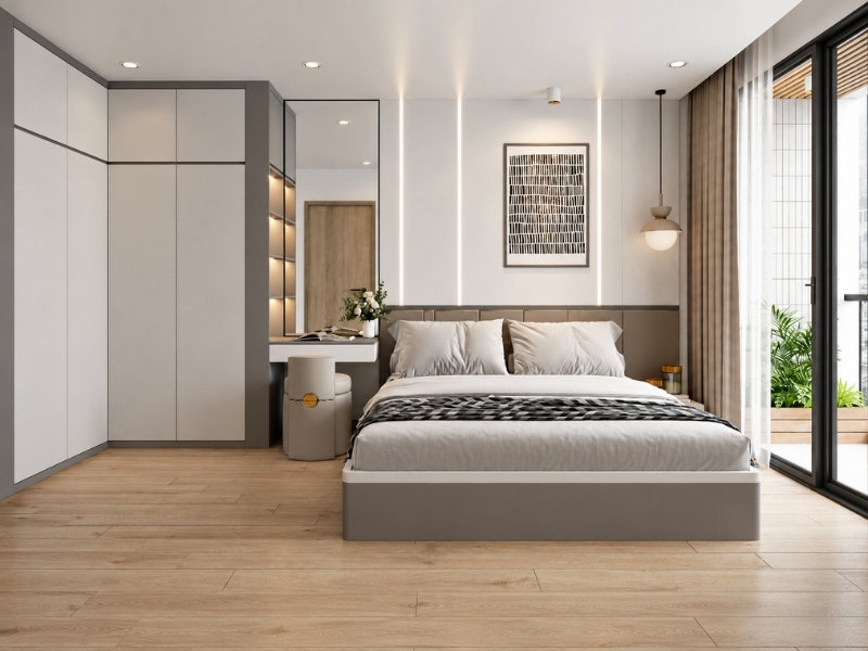 Phòng ngủ hiện đại với giường đôi, tủ kịch trần và cửa kính lớn