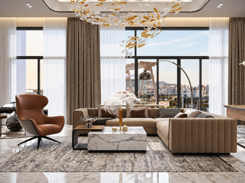 Thiết kế nội thất chung cư 1 phòng ngủ phong cách Luxury cho phòng khách