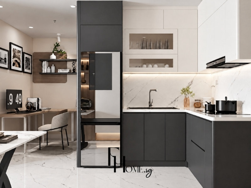 Bếp căn hộ 50m2 với tủ chữ L đen trắng và mặt đá vân mây