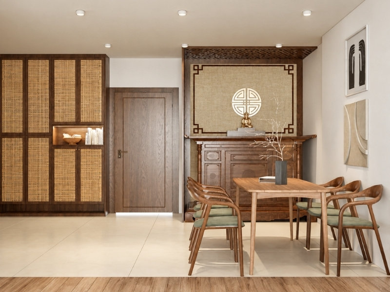 Phòng ăn phong cách Nhật Bản với bàn gỗ, ghế gỗ và tủ mây đan
