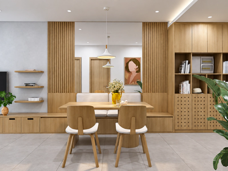 Phòng ăn chung cư 75m2 với bàn gỗ vách nan và hệ tủ thấp