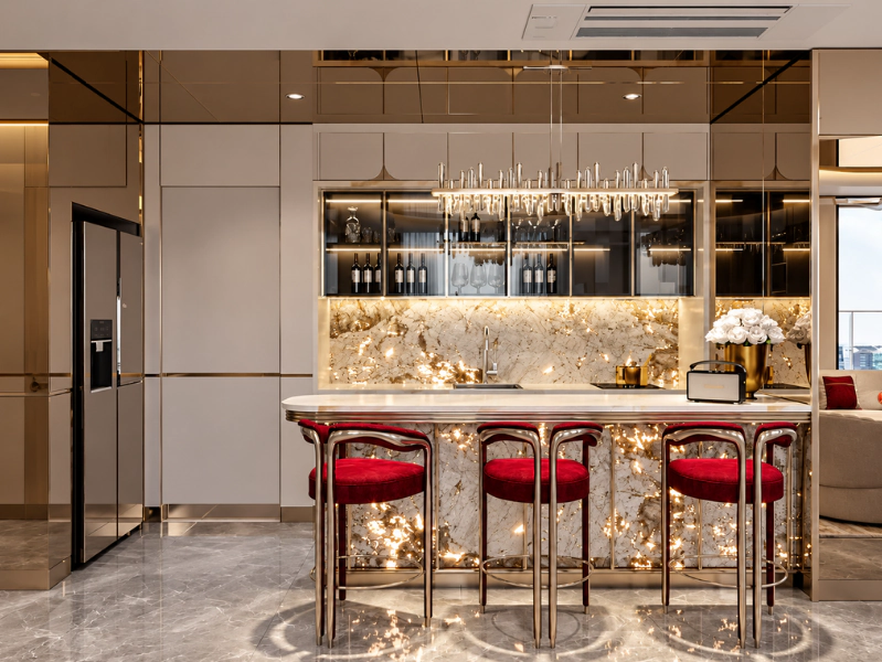Phòng bếp căn hộ Luxury với quầy bar, bếp đá vân và tủ rượu
