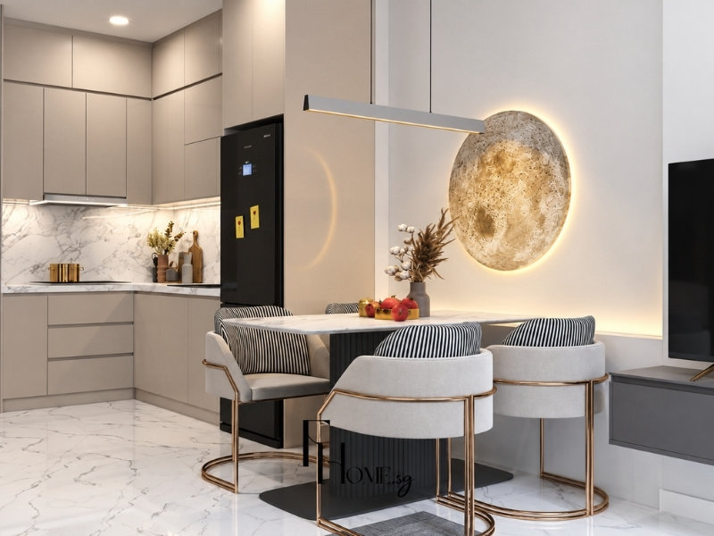 Bếp và bàn ăn căn hộ 54m2 với tủ kịch trần, mặt đá và ghế khung kim loại