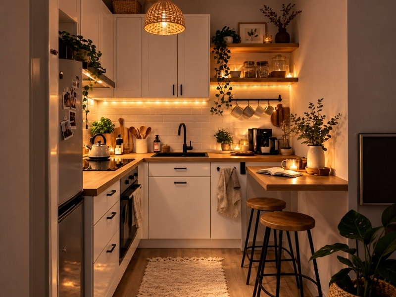 Phòng bếp chung cư với tủ chữ L, quầy bar nhỏ, kệ mở và đèn hắt ấm