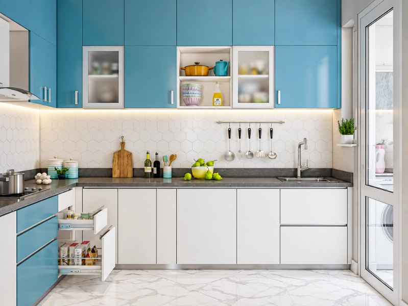 Phòng bếp chung cư với tủ xanh ngọc và gạch ốp lục giác