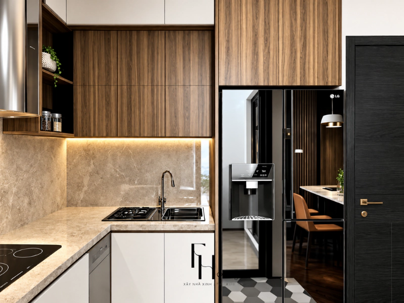 Phòng bếp chung cư 80m2 phối tủ gỗ với tủ trắng và tủ lạnh đen