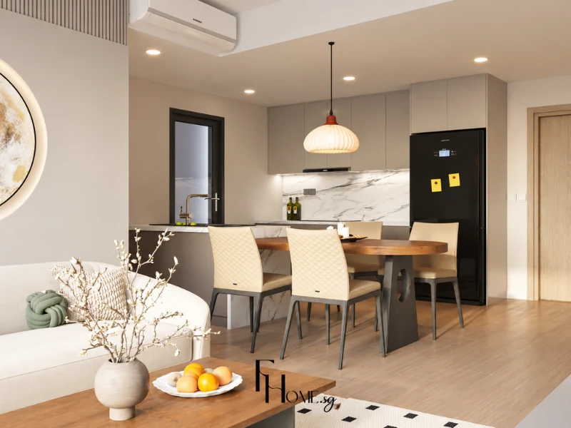 Thiết kế phòng bếp Lumiere Boulevard 74m2 hiện đại với bố cục sắc nét giúp giải phóng diện tích.