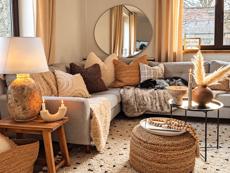 Phòng khách ấm cúng với sofa chữ L màu be, bàn đôn mây và gương tròn