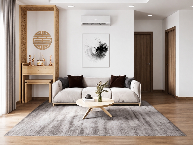 Phòng khách Japandi với sofa màu be, bàn trà tròn, thảm xám, nội thất gỗ và bàn thờ trang nghiêm.