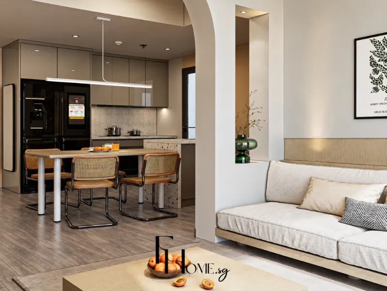 Thiết kế phòng khách chung cư 2 phòng ngủ với diện tích 65m2.