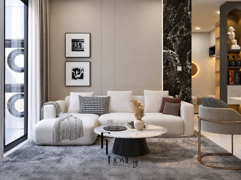 Phòng khách căn hộ Vinhomes Grand Park 54m2 với sofa trắng, bàn đá và vách marble đen