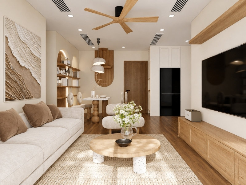 Phòng khách Bắc Âu với sofa be, bàn trà gỗ và nội thất sáng màu