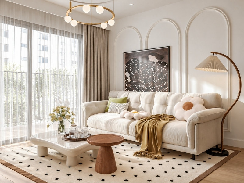 Phòng khách tối giản với sofa kem, bàn trà gỗ và ánh sáng tự nhiên