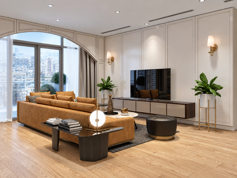 Phòng khách chung cư 2 phòng ngủ với sofa da nâu và cửa vòm