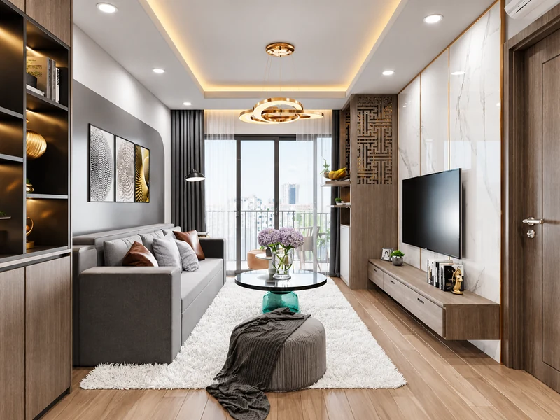 Phòng khách chung cư 20m2 với sofa xám, tivi treo tường và cửa kính ban công.