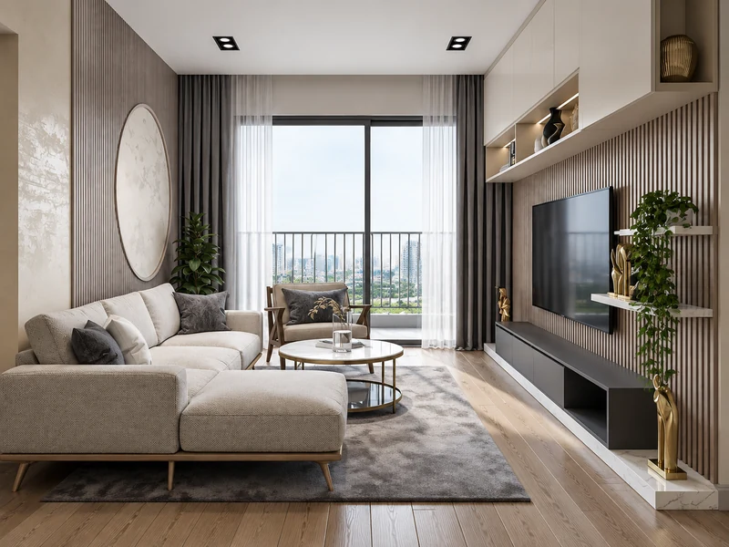 Phòng khách chung cư 30m2 với sofa be, vách gỗ slat, tivi treo và cửa kính ban công.