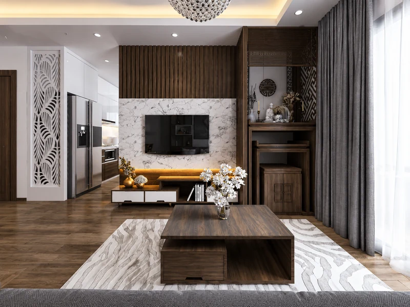 Phòng khách chung cư 30m2 với tường gỗ, tivi treo trên vách marble và bàn trà gỗ tối màu.