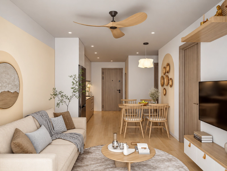 Phòng khách chung cư 50m2 với bố cục mở liên thông với gian bếp