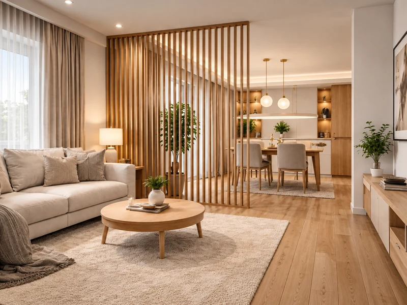 Phòng khách chung cư 60m2 với sofa trắng, vách gỗ slat ngăn phòng ăn và bàn trà tròn.