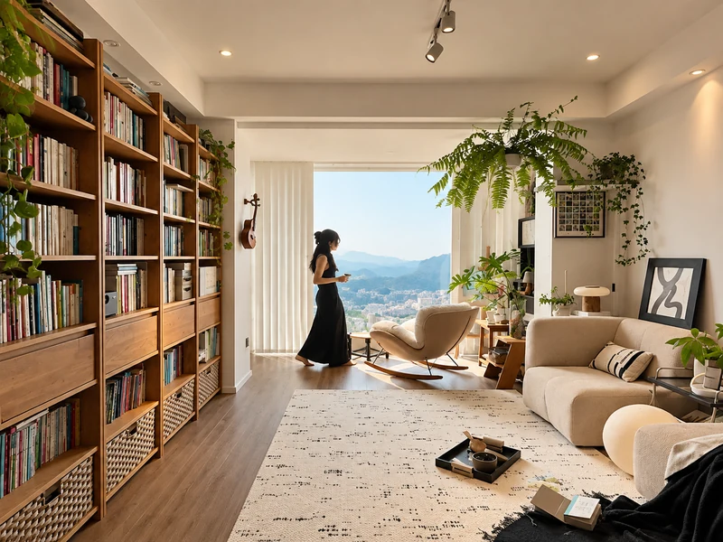Phòng khách chung cư 70m2 có kệ sách gỗ lớn, sofa be và cửa sổ lớn nhìn ra núi.