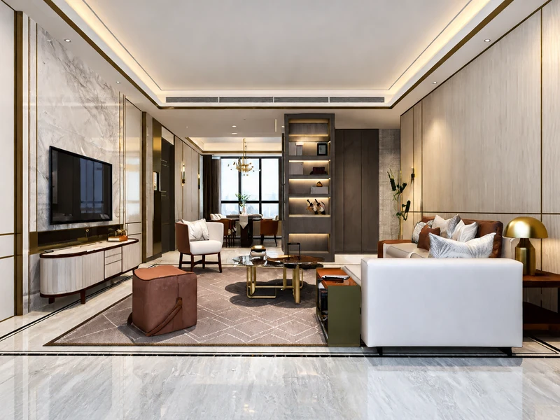 Phòng khách chung cư 70m2 sang trọng với sofa trắng, kệ sách ngăn, bàn trà và tivi treo tường.