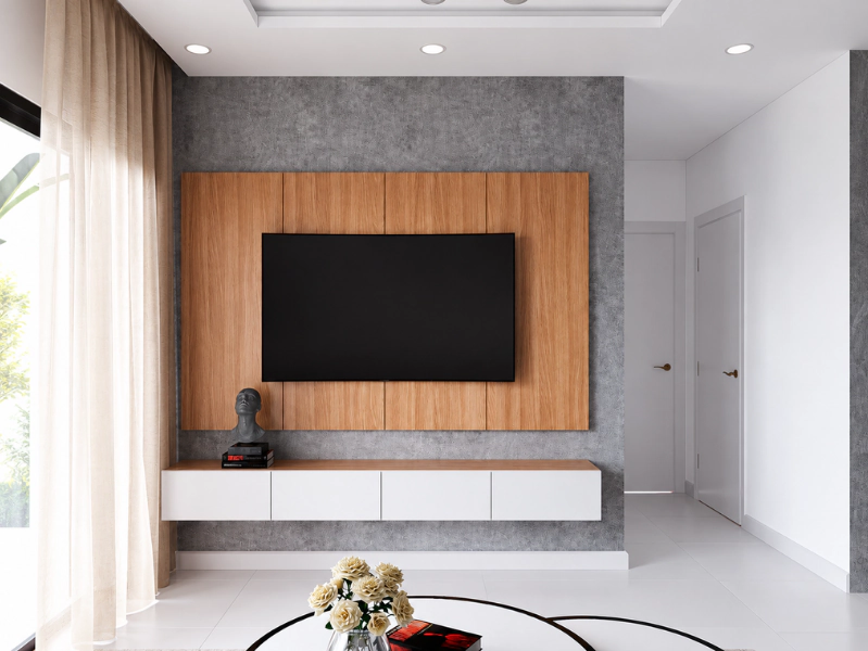 Phòng khách chung cư 70m2 với vách tivi ốp gỗ và tủ treo trắng