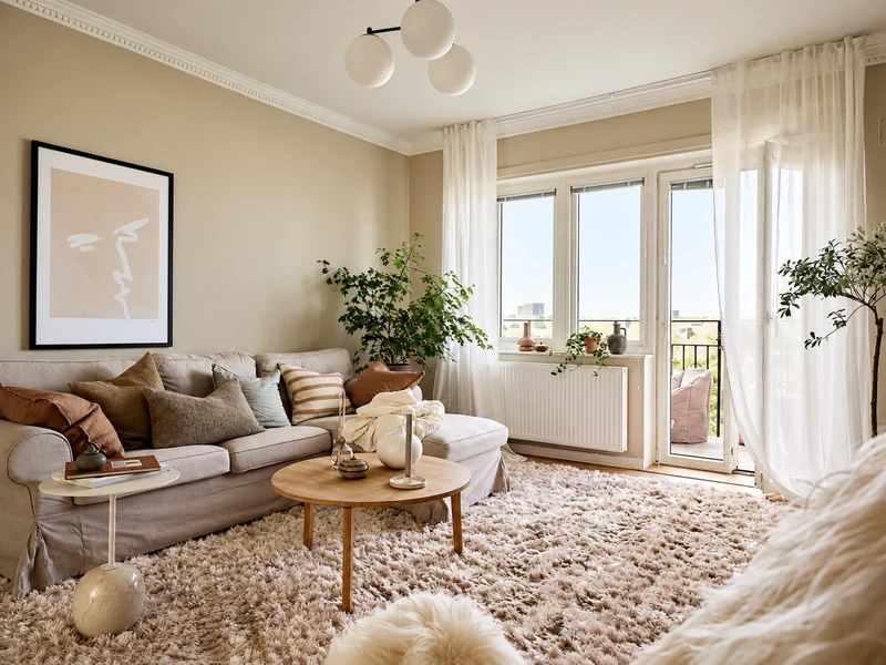 Phòng khách chung cư ấm áp với sofa xám thảm lông cửa sổ lớn và cây xanh